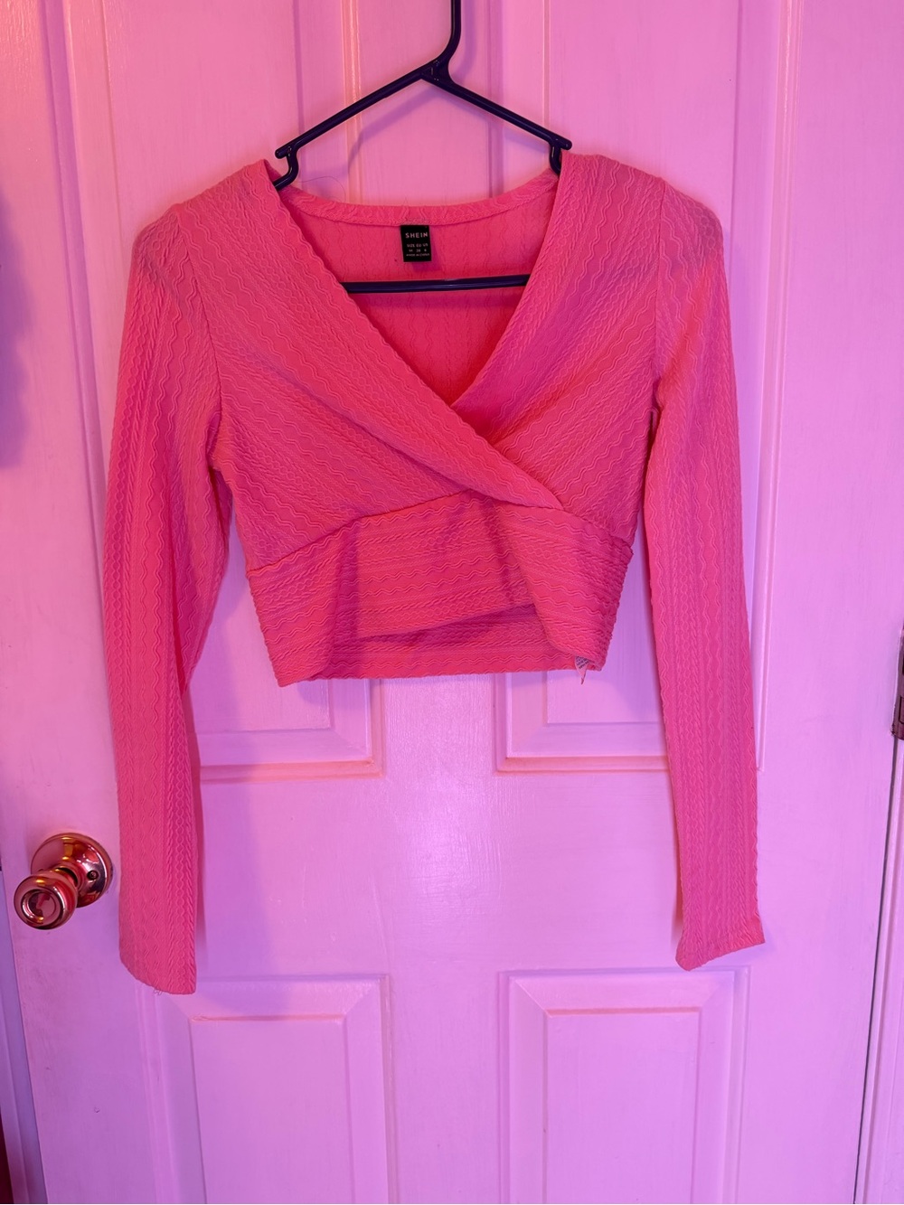 SHEIN Pink Long Sleeve Wrap Crop Top